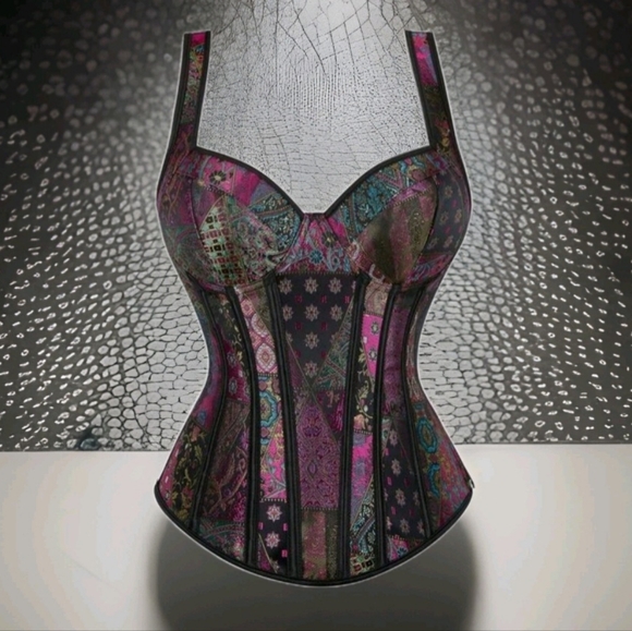 NWT Patchwork Multicolor Floral Jacquard Lace Up Corset SZ L - Picture 13 of 15